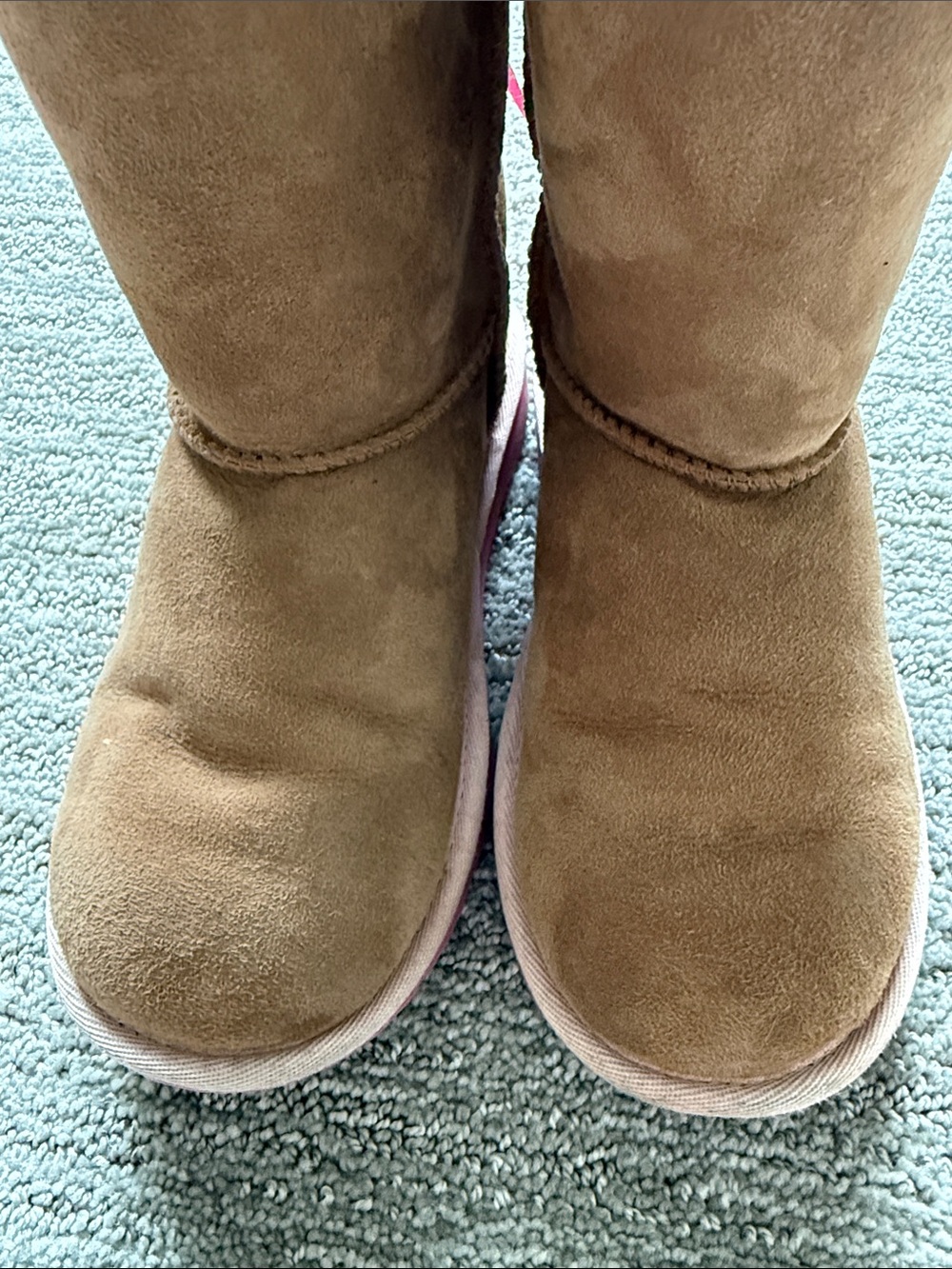 UGG Kids Chestnut Sheepskin Boots with Pink Ribbon Accents - Picture 3 of 5